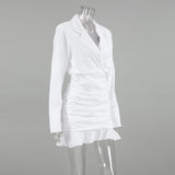 White ruched v-neck bodycon mini dress with blazer collar and ruffle hem - View 9 | Clistos