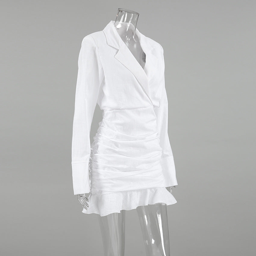 White ruched v-neck bodycon mini dress with blazer collar and ruffle hem - View 9 | Clistos