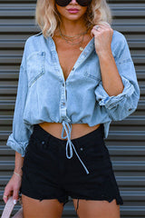 Cropped denim shirt with drawstring hem - View 7 | Clistos