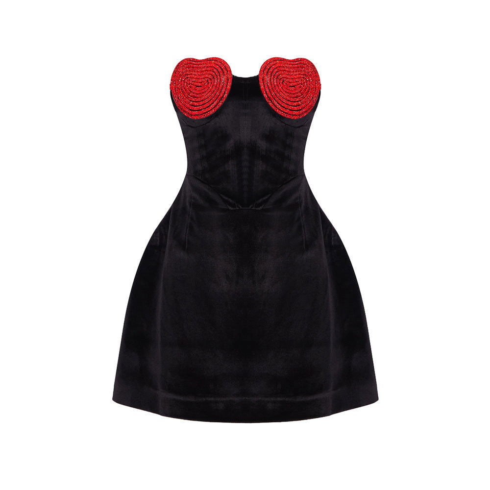 Strapless velvet A-line party dress with rhinestone heart embellishments - View 6 | Clistos