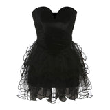 black strapless velvet and tulle dress