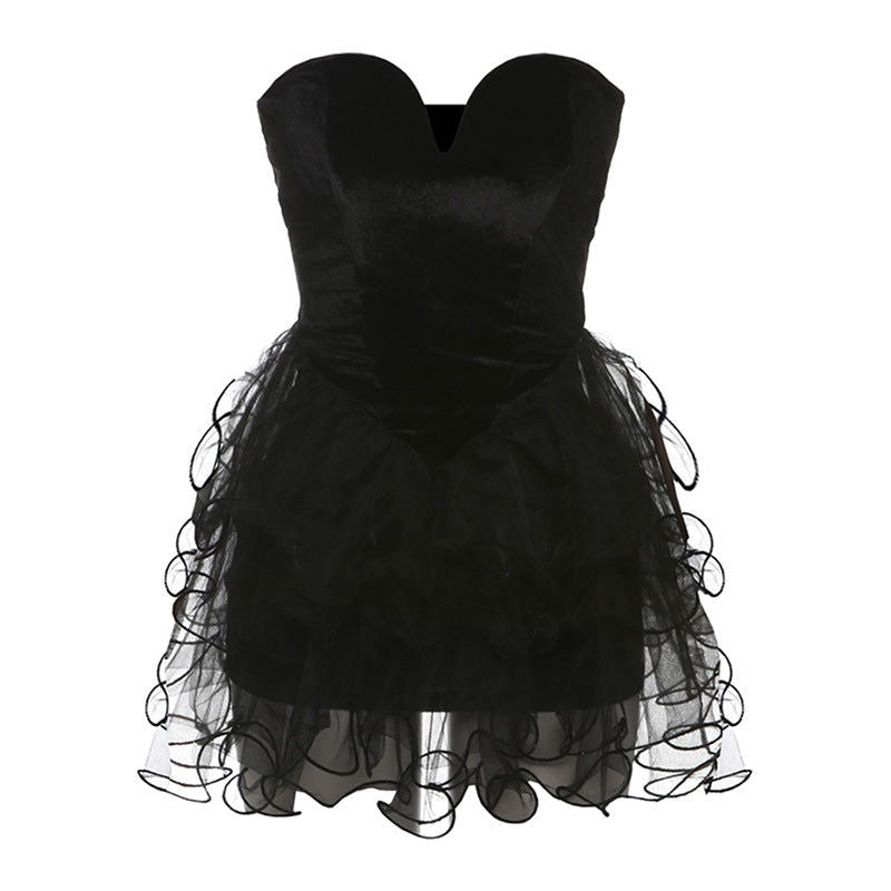black strapless velvet and tulle dress