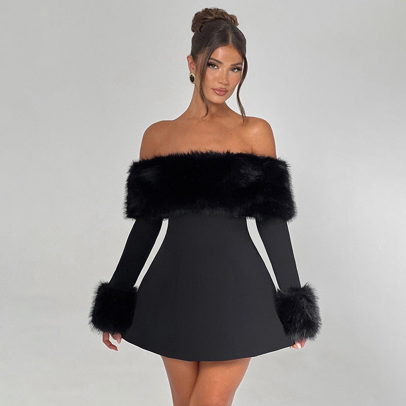 Woman wearing a black off-the-shoulder mini dress with black fur trim on the neckline and cuffs.