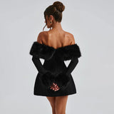 Back view of a woman in a black off-the-shoulder mini dress with fur trim.