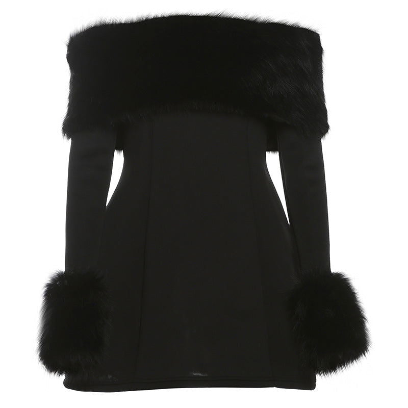 Front view of a black off-the-shoulder mini dress with fur trim on the neckline and cuffs.