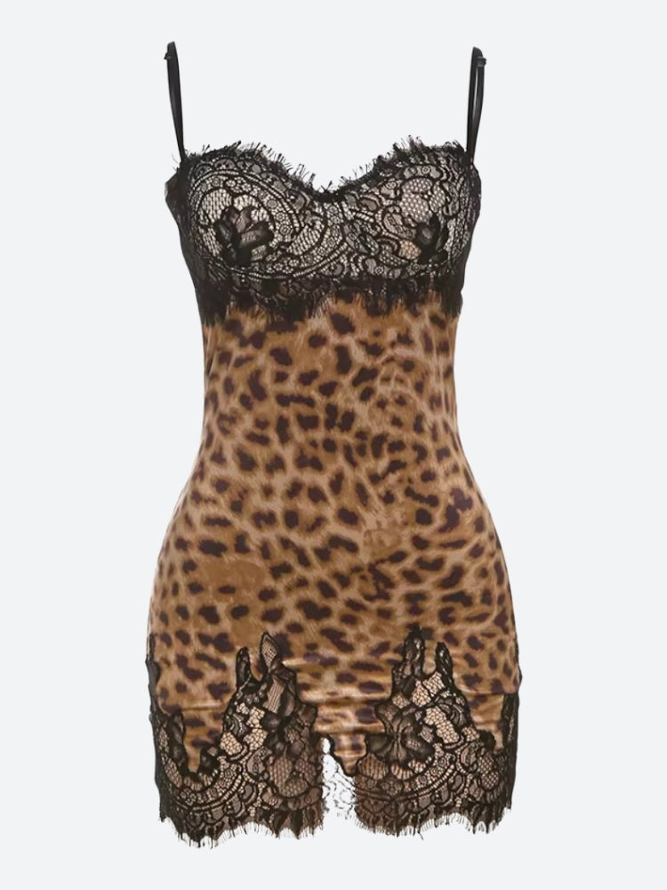 A leopard print slip dress with black lace trim.