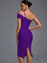 Back view of a woman in a purple one-shoulder dress