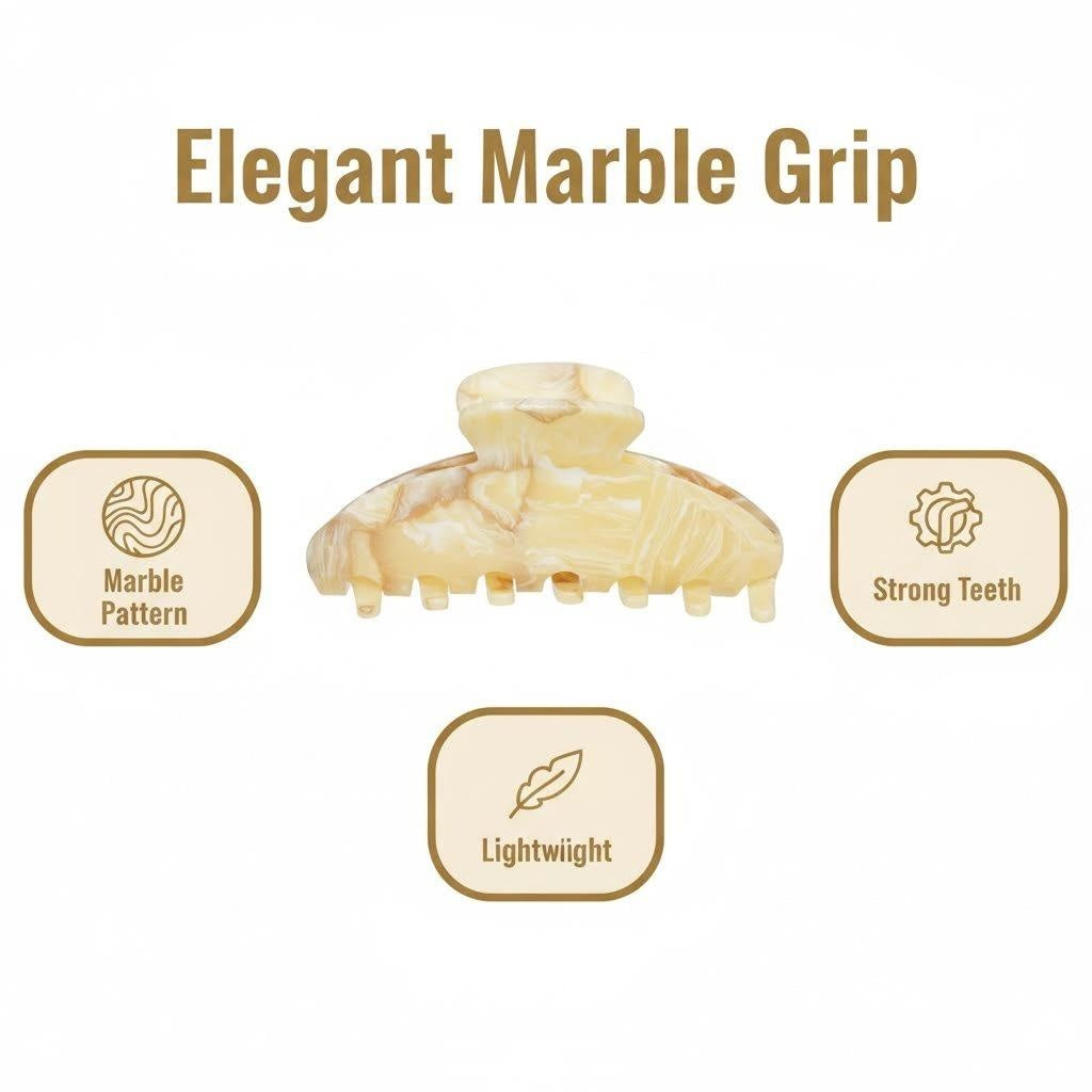 A graphic showing a claw hair clip with icons and text highlighting its marble pattern, strong teeth, and lightweight design.