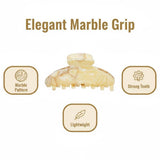 A graphic showing a claw hair clip with icons and text highlighting its marble pattern, strong teeth, and lightweight design.