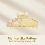 A cream and brown marbled claw hair clip is shown with text emphasizing its marble-like pattern for adding elegance to hairstyles.