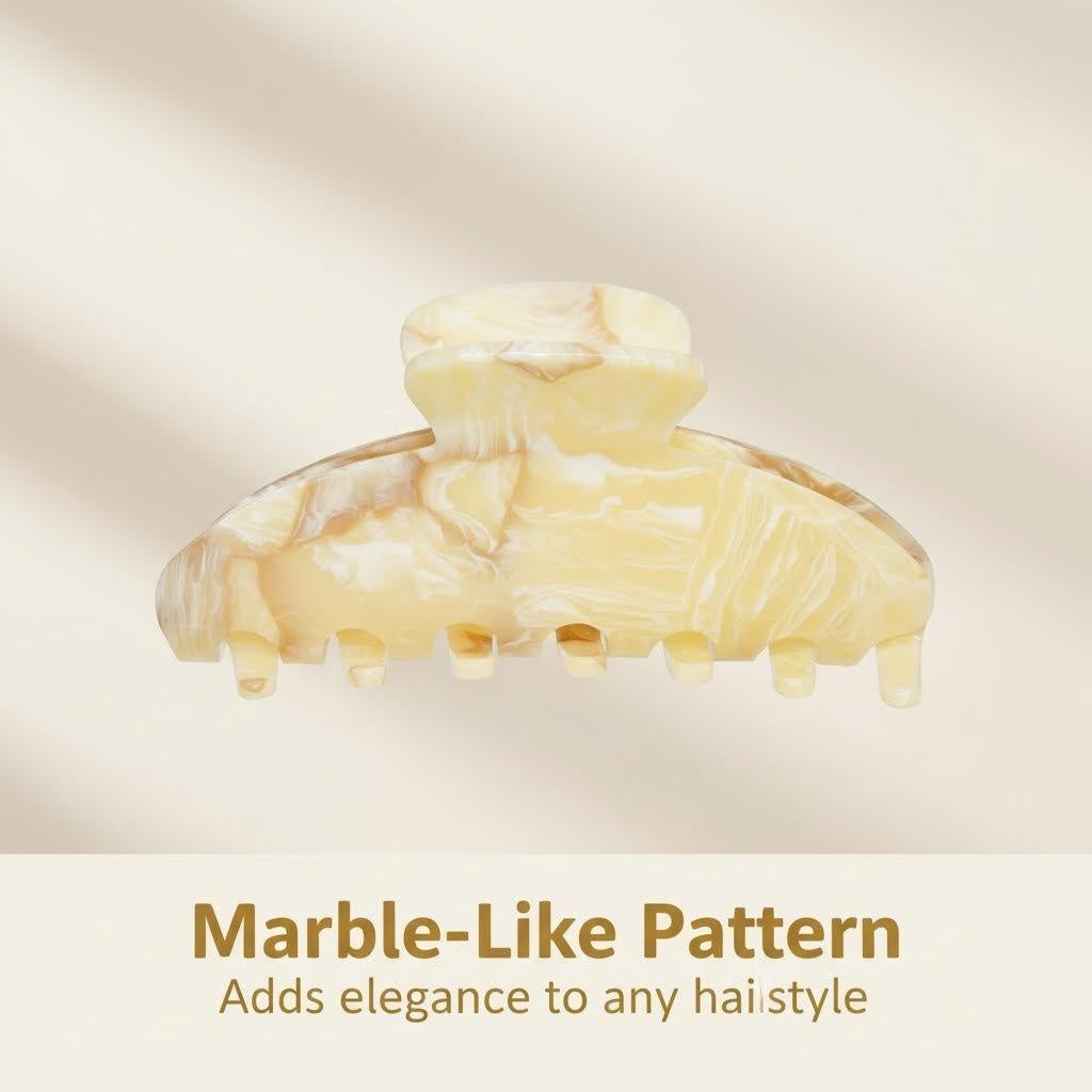 A cream and brown marbled claw hair clip is shown with text emphasizing its marble-like pattern for adding elegance to hairstyles.