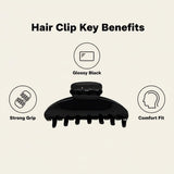 A black claw hair clip is shown with icons and text highlighting its benefits: 'Glossy Black', 'Strong Grip', and 'Comfort Fit'.