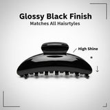 A black claw hair clip is shown with text describing its 'Glossy Black Finish' and 'High Shine'.
