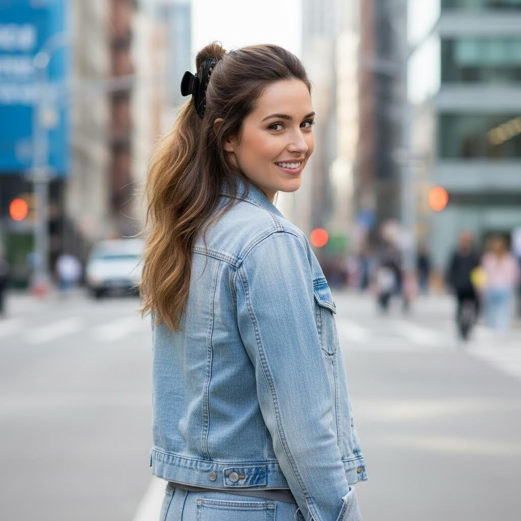 A woman with long brown hair styled in a ponytail secured with a black hair accessory is shown outdoors in a city street.