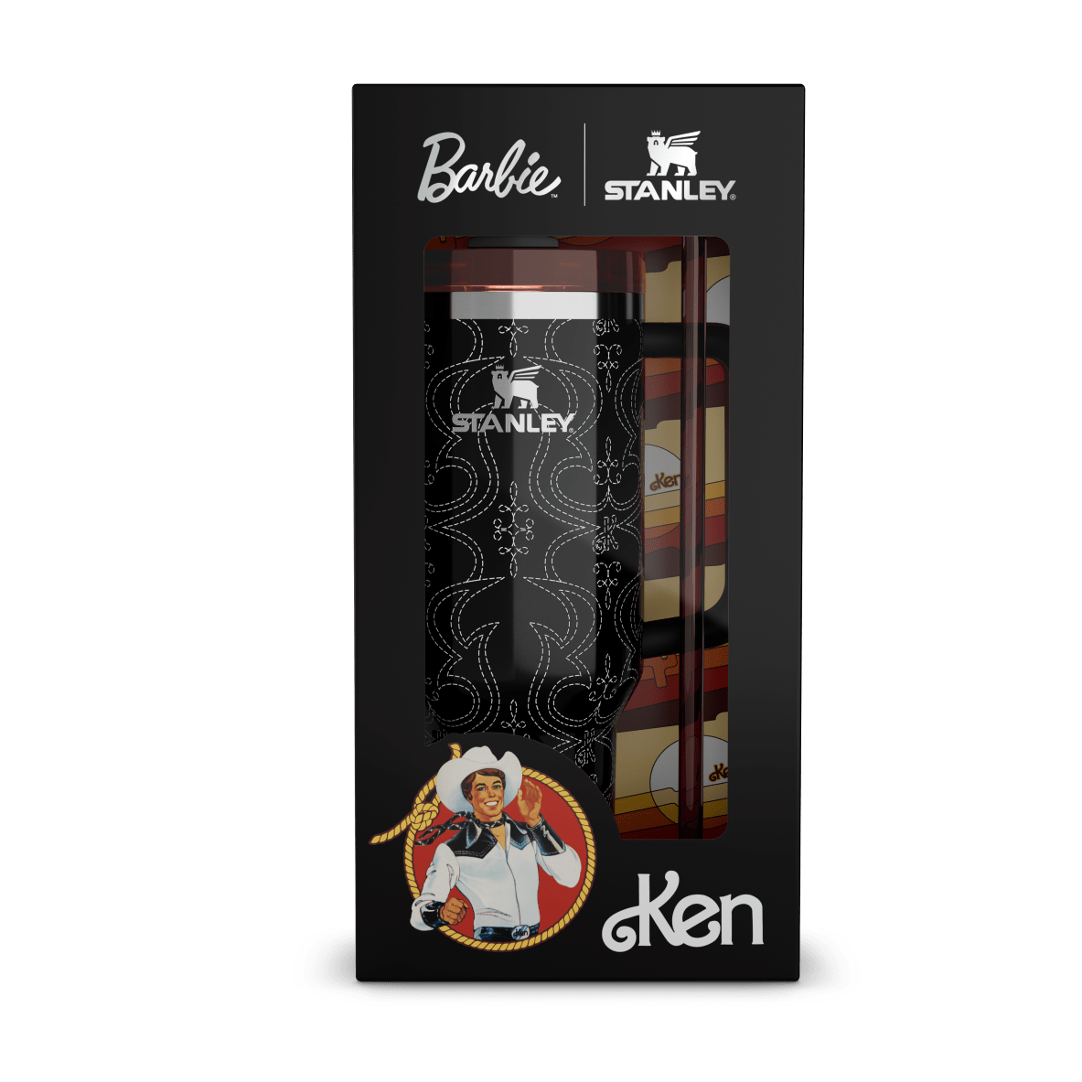 Stanley Barbie Ken Quencher H2.0 FlowState Tumbler, black with white western stitching pattern, displayed inside its product packaging.
