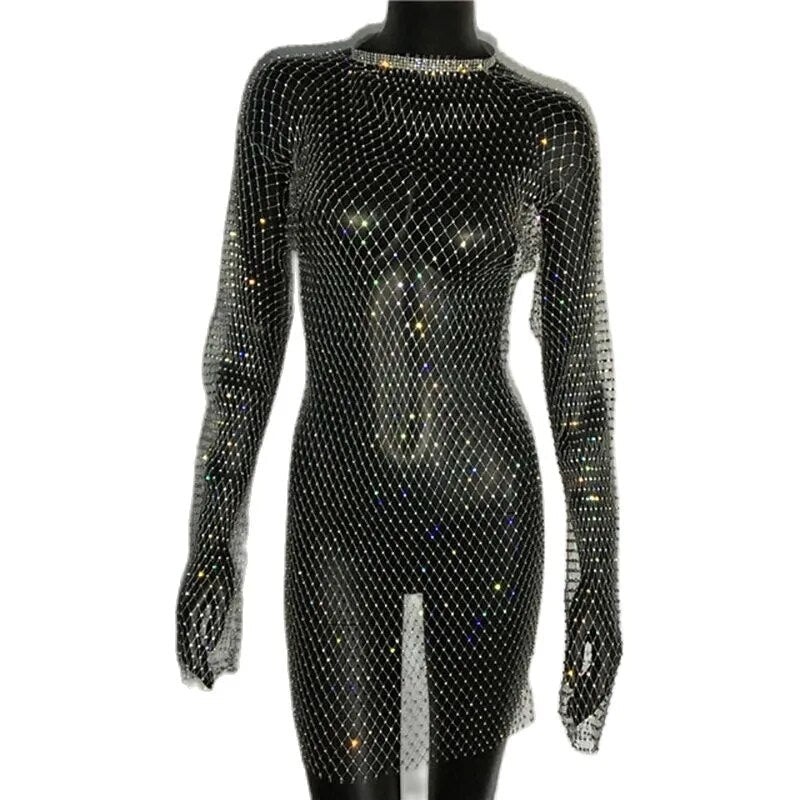 Sparkly rhinestone long sleeve mini dress - View 9 | Clistos