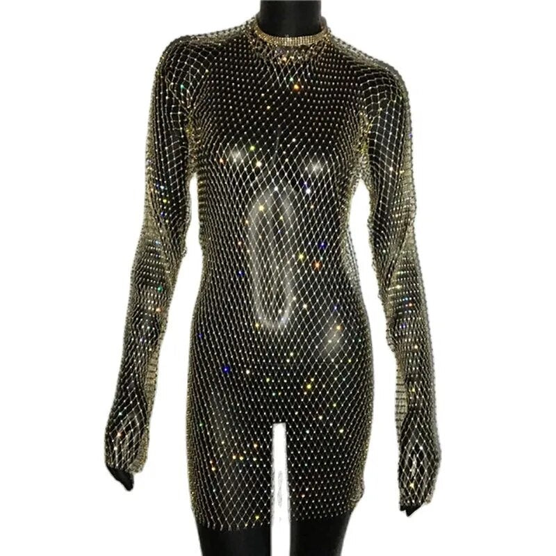 Sparkly rhinestone long sleeve mini dress - View 8 | Clistos