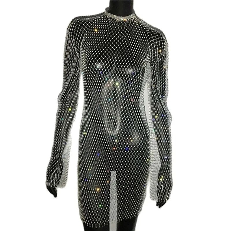 Sparkly rhinestone long sleeve mini dress - View 7 | Clistos