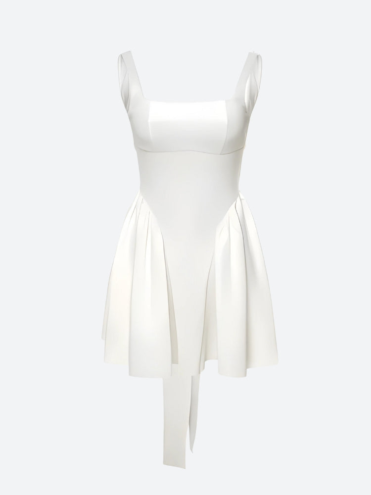studio shot of a white sleeveless dress with a square neckline and a bow detail