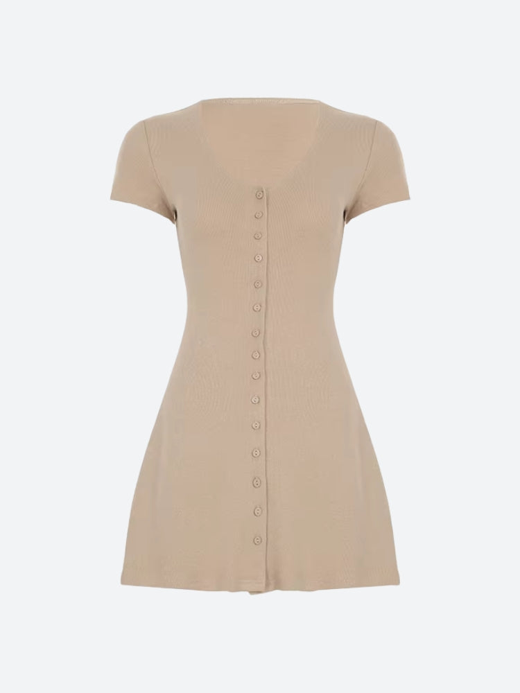 A beige knit mini dress with short sleeves and a button-down front, displayed flat.