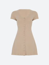 A beige knit mini dress with short sleeves and a button-down front, displayed flat.