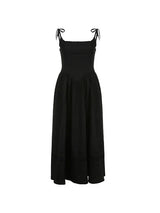 Black midi dress with spaghetti straps and a full skirt, shown flat.