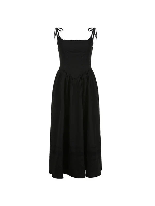 Black midi dress with spaghetti straps and a full skirt, shown flat.