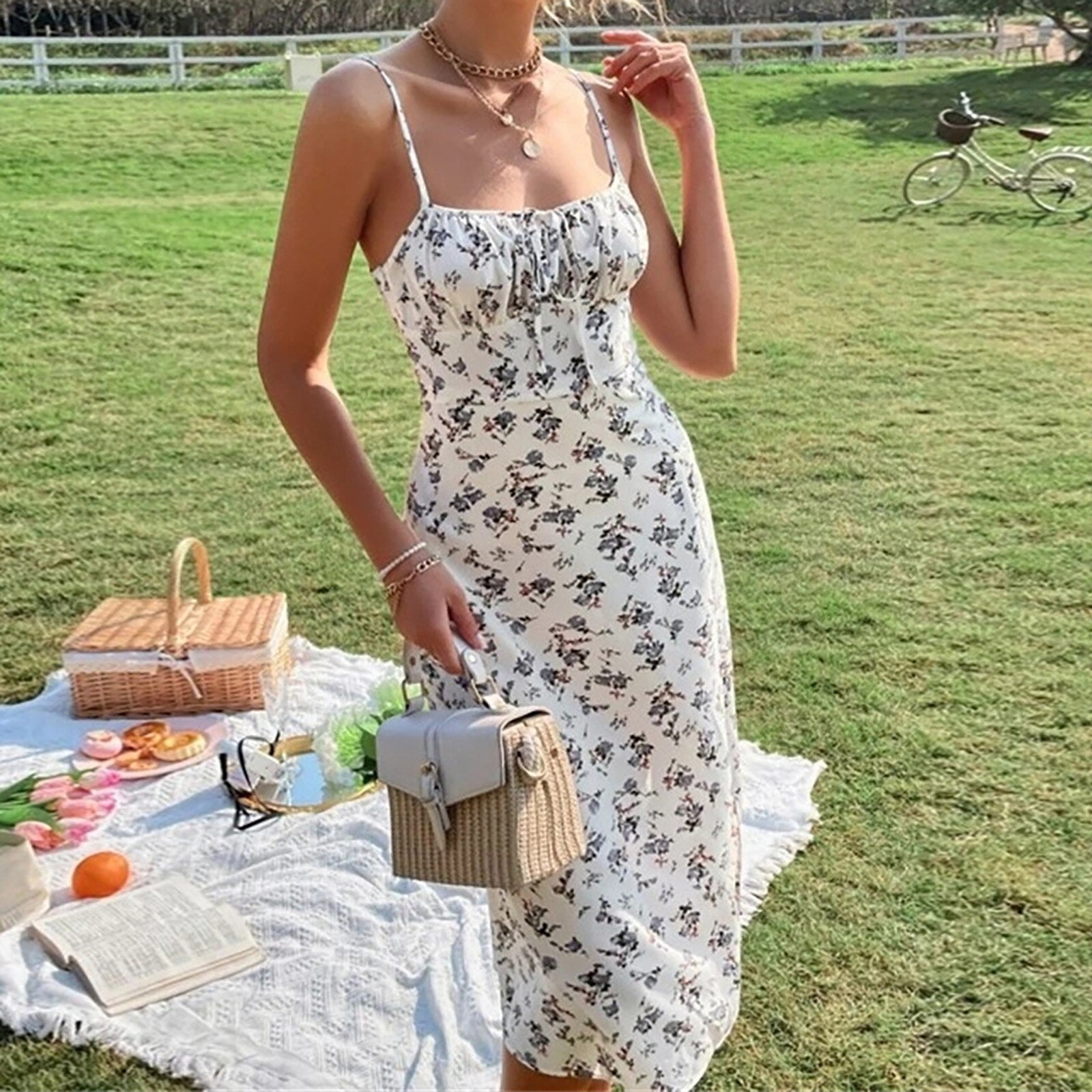 Strappy floral midi dress with high slit - View 8 | Clistos