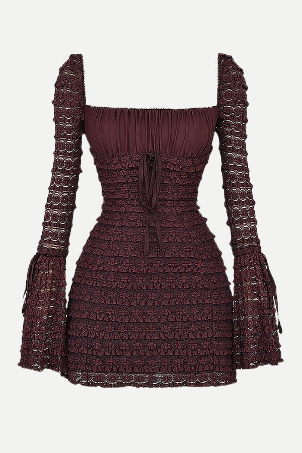Clistos brown ruched square neck mini dress with bell sleeves - View 6 | Clistos