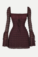 Clistos brown ruched square neck mini dress with bell sleeves - View 6 | Clistos