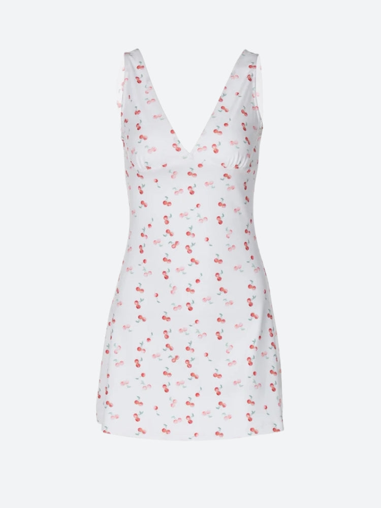 Plunge Neck Cherry Print Mini Dress - View 6 | Clistos
