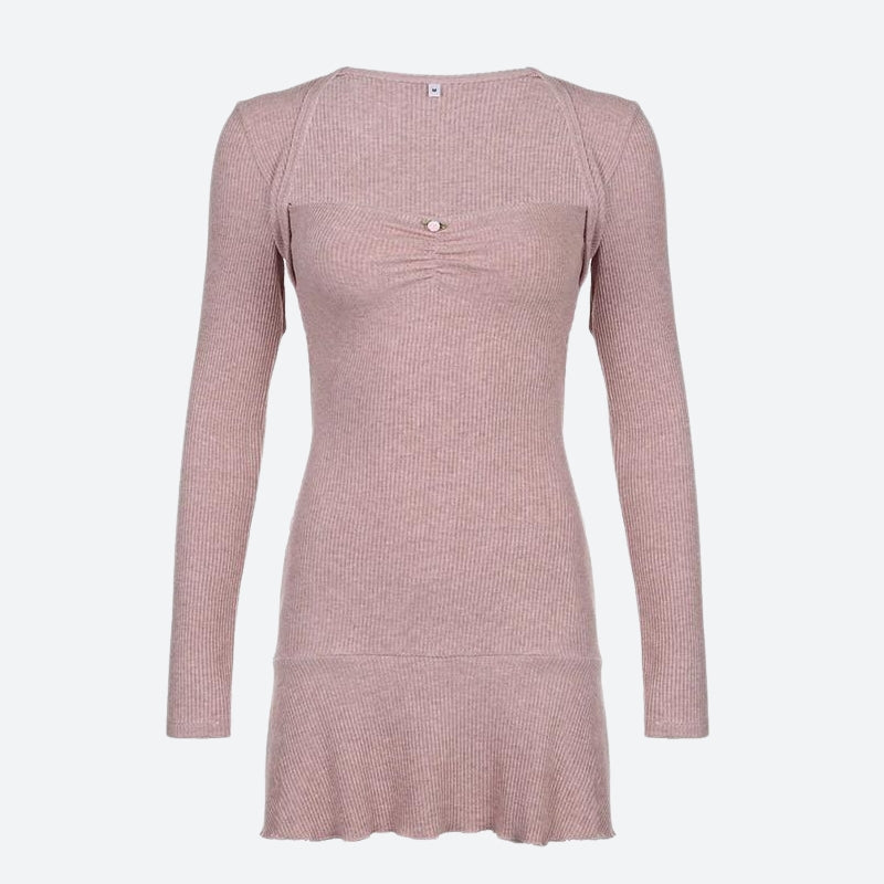 front view of a pink ribbed knit dress