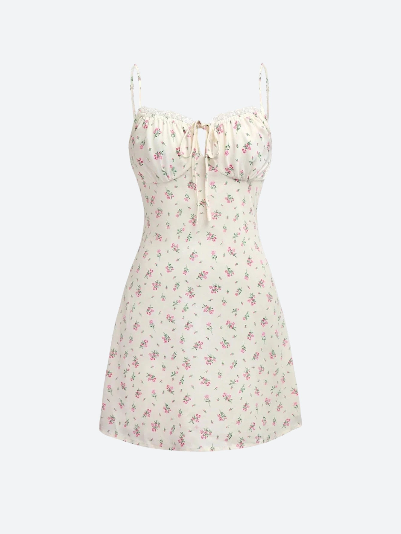 A white floral print mini dress with spaghetti straps and a tie front, displayed on a white background.