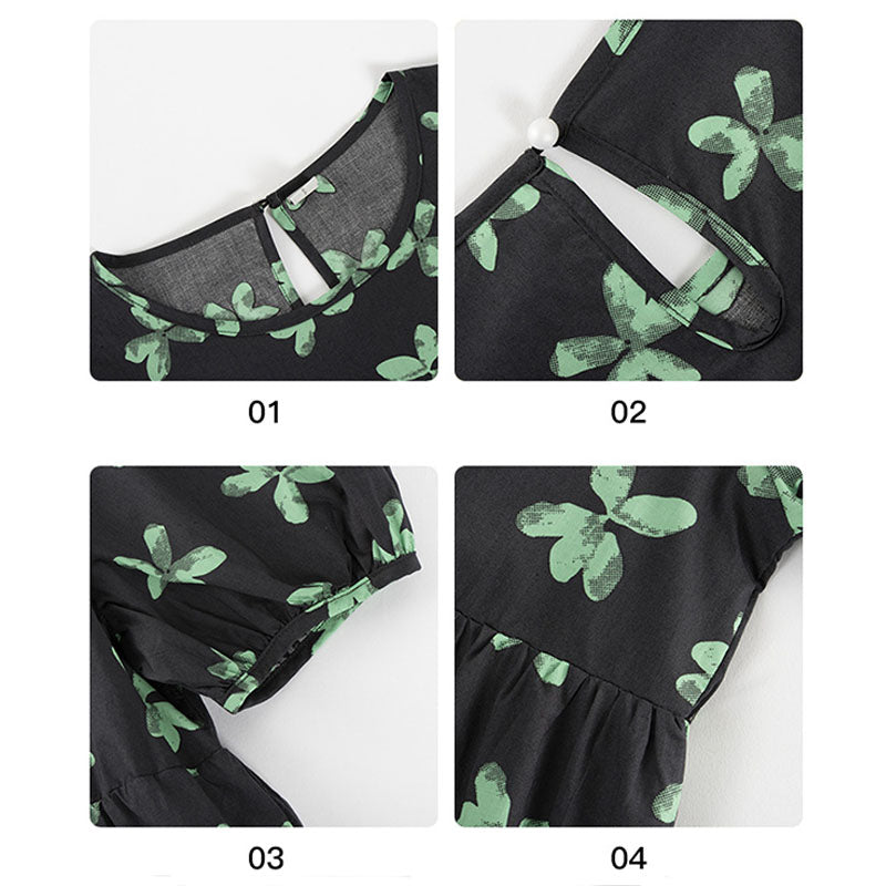 Cotton Green Butterfly Floral Puff Sleeve O-Neck Midi Dress - View 7 | Clistos