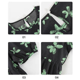 Cotton Green Butterfly Floral Puff Sleeve O-Neck Midi Dress - View 7 | Clistos