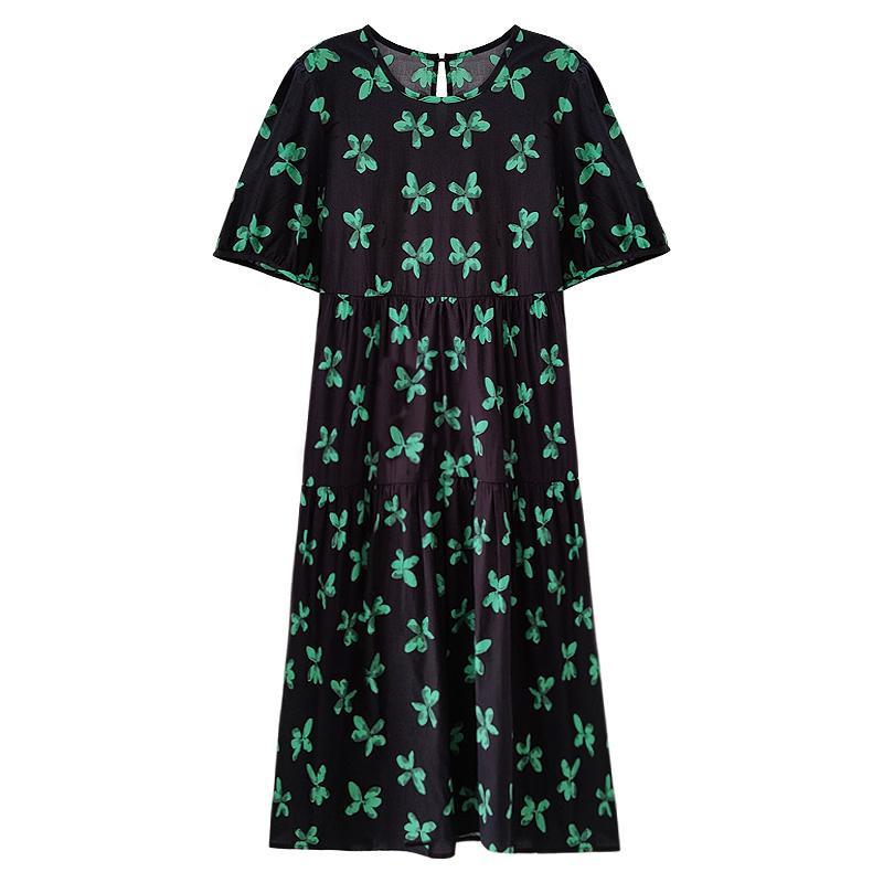 Cotton Green Butterfly Floral Puff Sleeve O-Neck Midi Dress - View 6 | Clistos