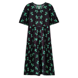 Cotton Green Butterfly Floral Puff Sleeve O-Neck Midi Dress - View 6 | Clistos