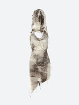 A beige and brown tie-dye mini dress with a hooded cowl neck and distressed detailing is displayed on a white background.