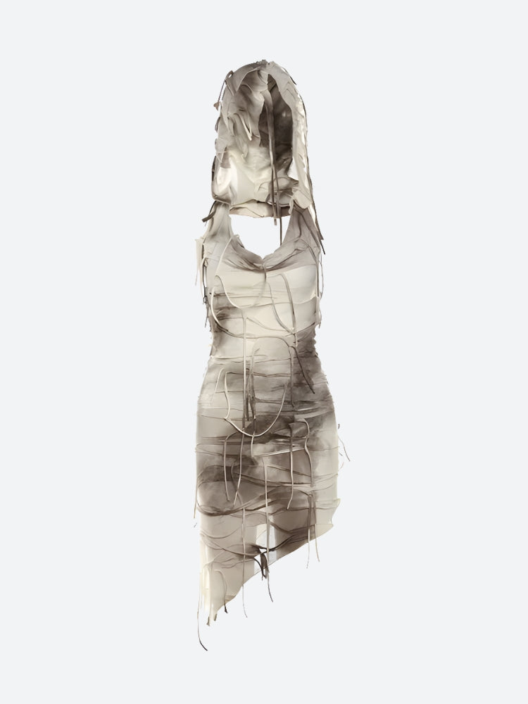 A beige and brown tie-dye mini dress with a hooded cowl neck and distressed detailing is displayed on a white background.