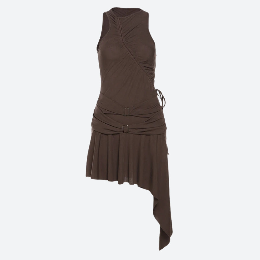 A brown ruched halter dress with an asymmetrical hem and buckle details, shown flat.