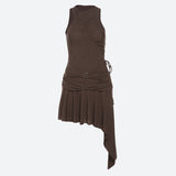 A brown ruched halter dress with an asymmetrical hem and buckle details, shown flat.