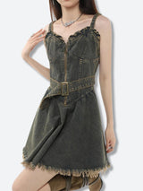 Close-up of the black denim dress detailing