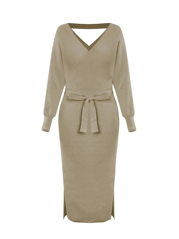 Clistos Elegant V-Neck Belted Ribbed Knit Sweater Dress - View 9 | Clistos