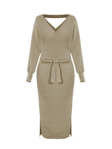 Clistos Elegant V-Neck Belted Ribbed Knit Sweater Dress - View 9 | Clistos