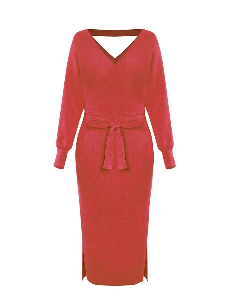 Clistos Elegant V-Neck Belted Ribbed Knit Sweater Dress - View 6 | Clistos