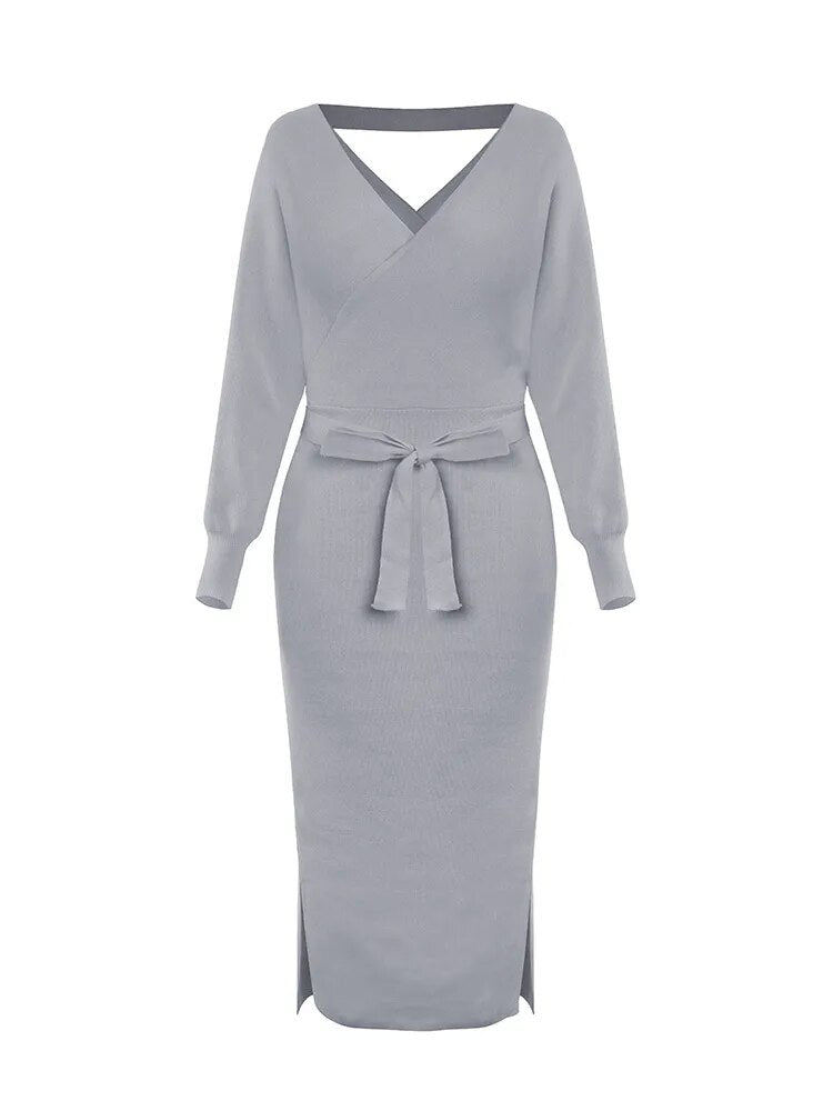Clistos Elegant V-Neck Belted Ribbed Knit Sweater Dress - View 8 | Clistos