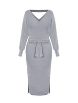 Clistos Elegant V-Neck Belted Ribbed Knit Sweater Dress - View 8 | Clistos