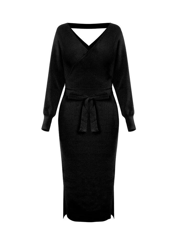 Clistos Elegant V-Neck Belted Ribbed Knit Sweater Dress - View 7 | Clistos