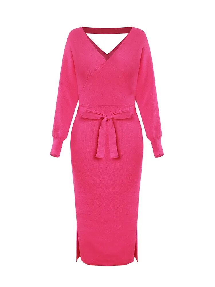 Clistos Elegant V-Neck Belted Ribbed Knit Sweater Dress - View 10 | Clistos
