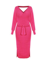 Clistos Elegant V-Neck Belted Ribbed Knit Sweater Dress - View 10 | Clistos
